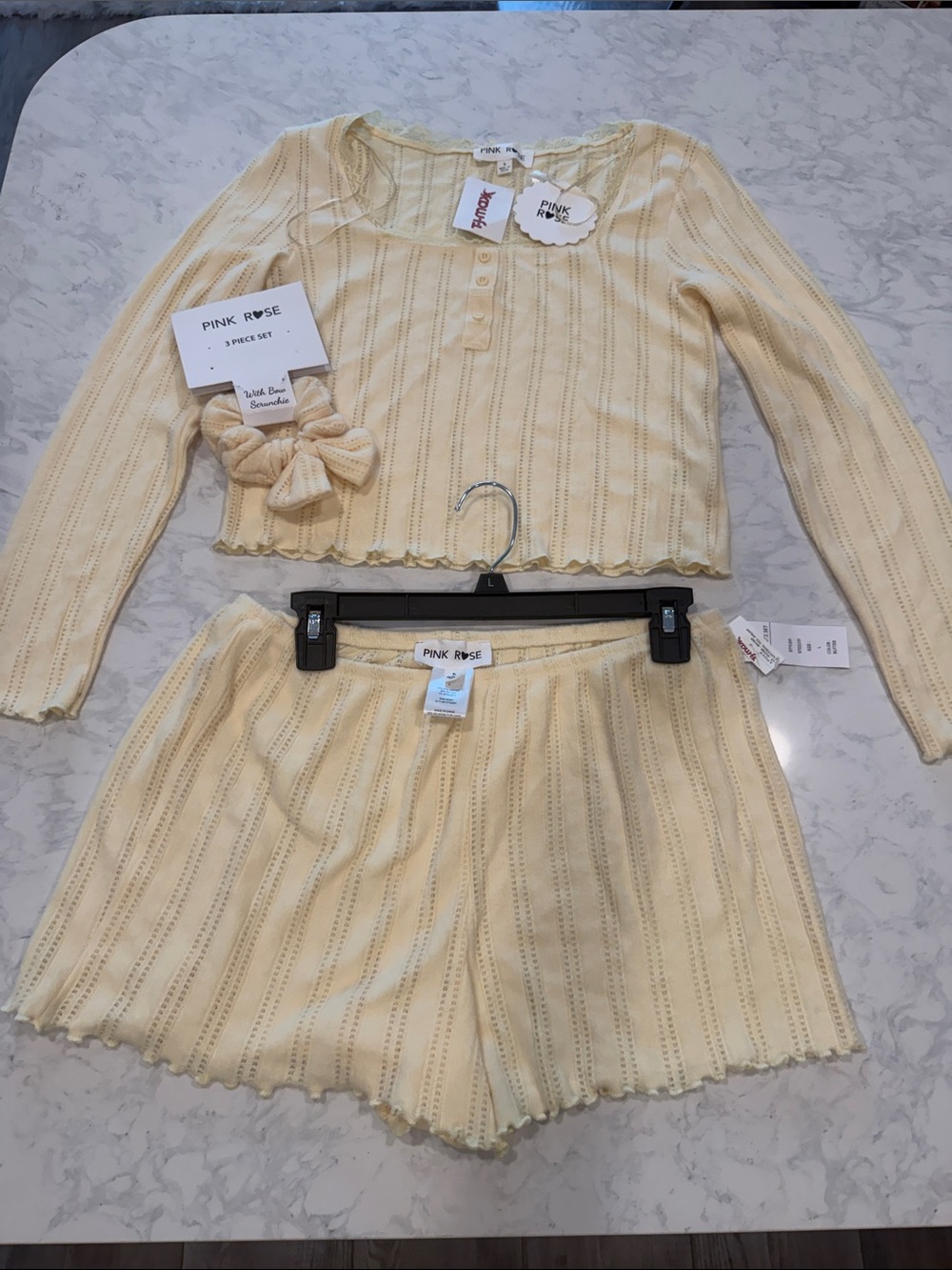 Pink Rose Pale Yellow Knit Pajama Set with Scrunchie